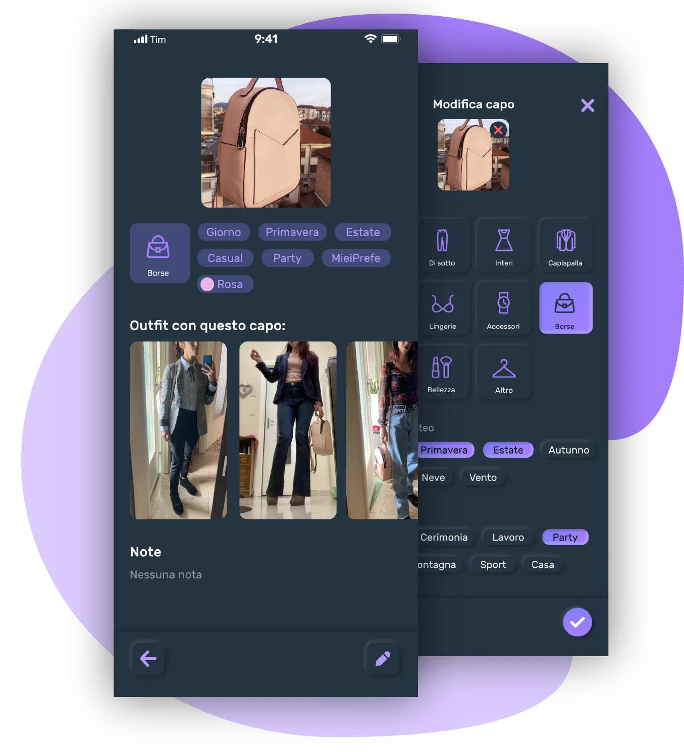 screenshot del dettaglio capo con la categoria, i tag e un carosello di outfit in cui è presente