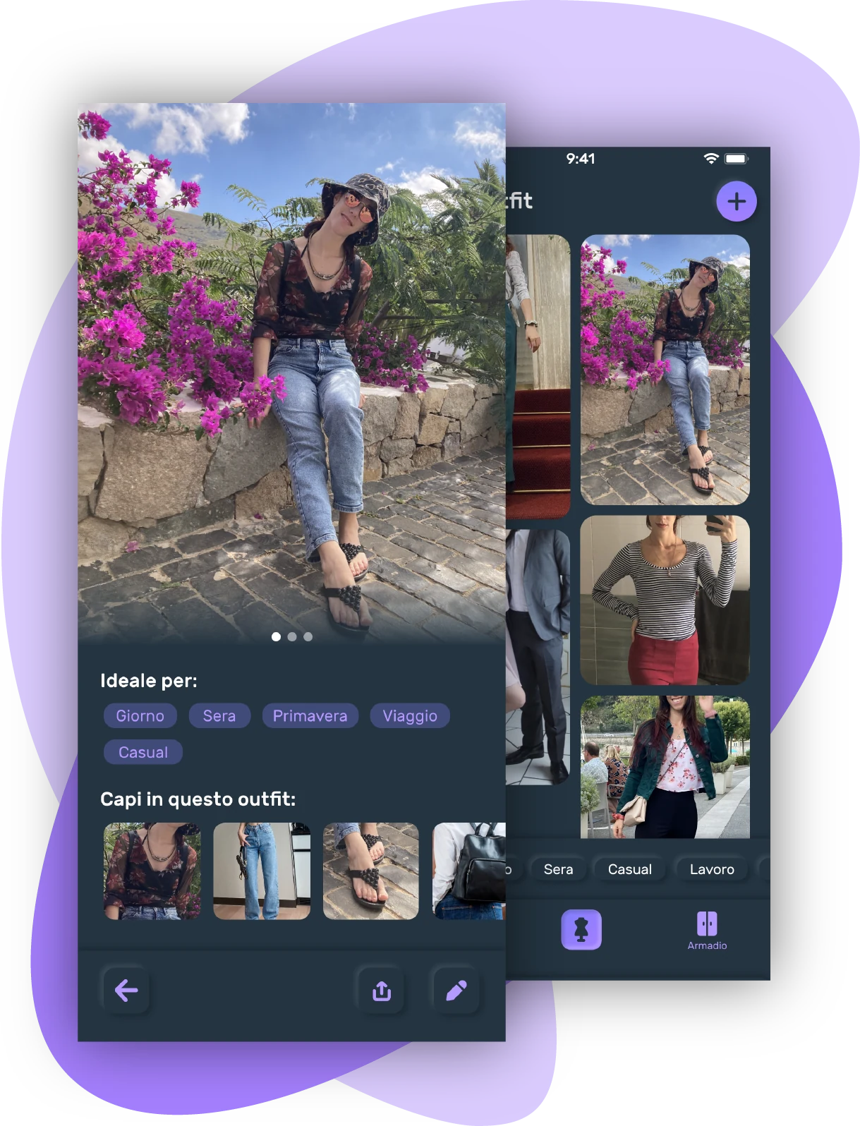 screenshot del dettaglio outfit con i suoi tag e i capi che lo compongono