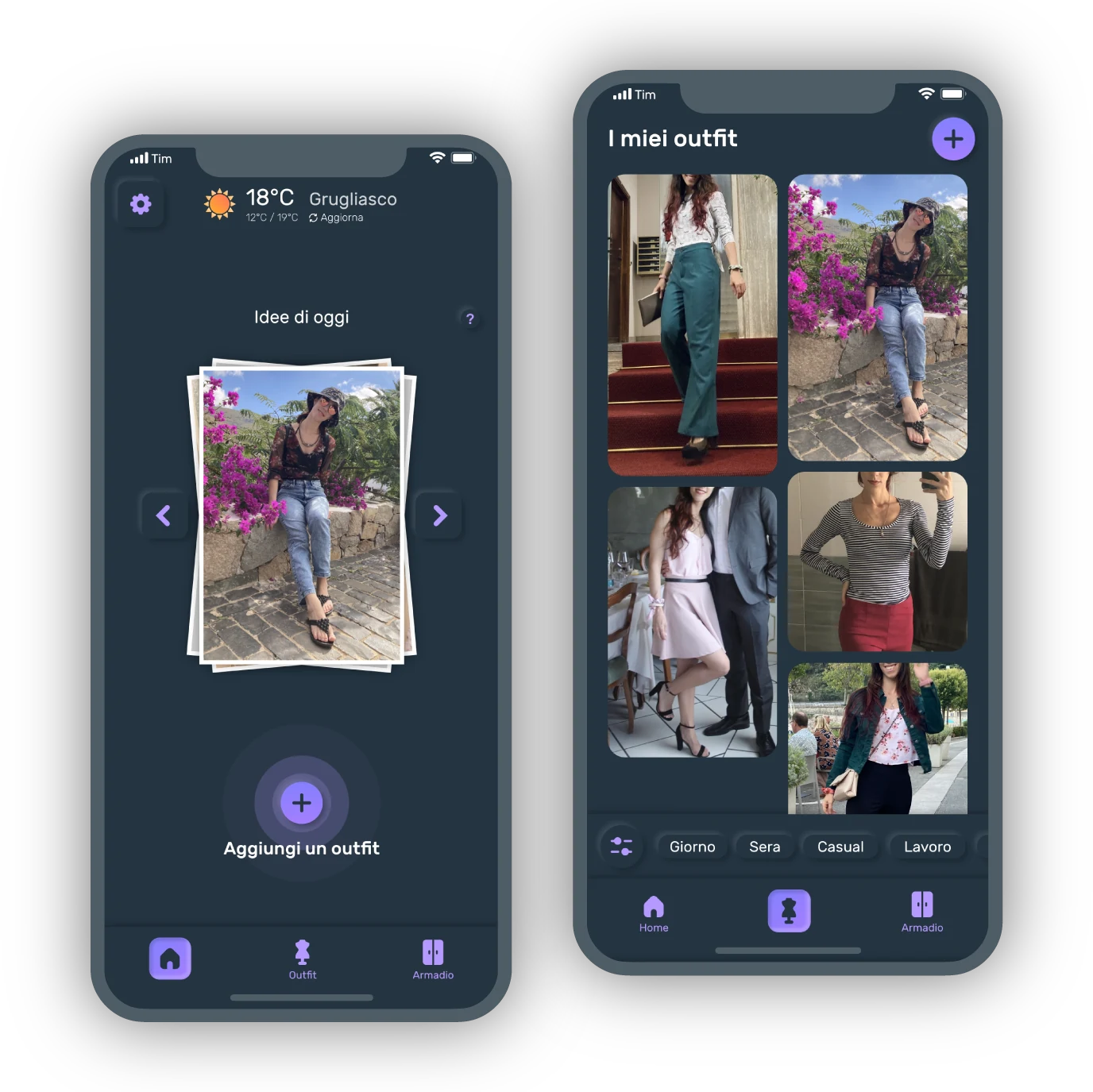 screenshot della schermata home con le idee del giorno e della lista outfit
